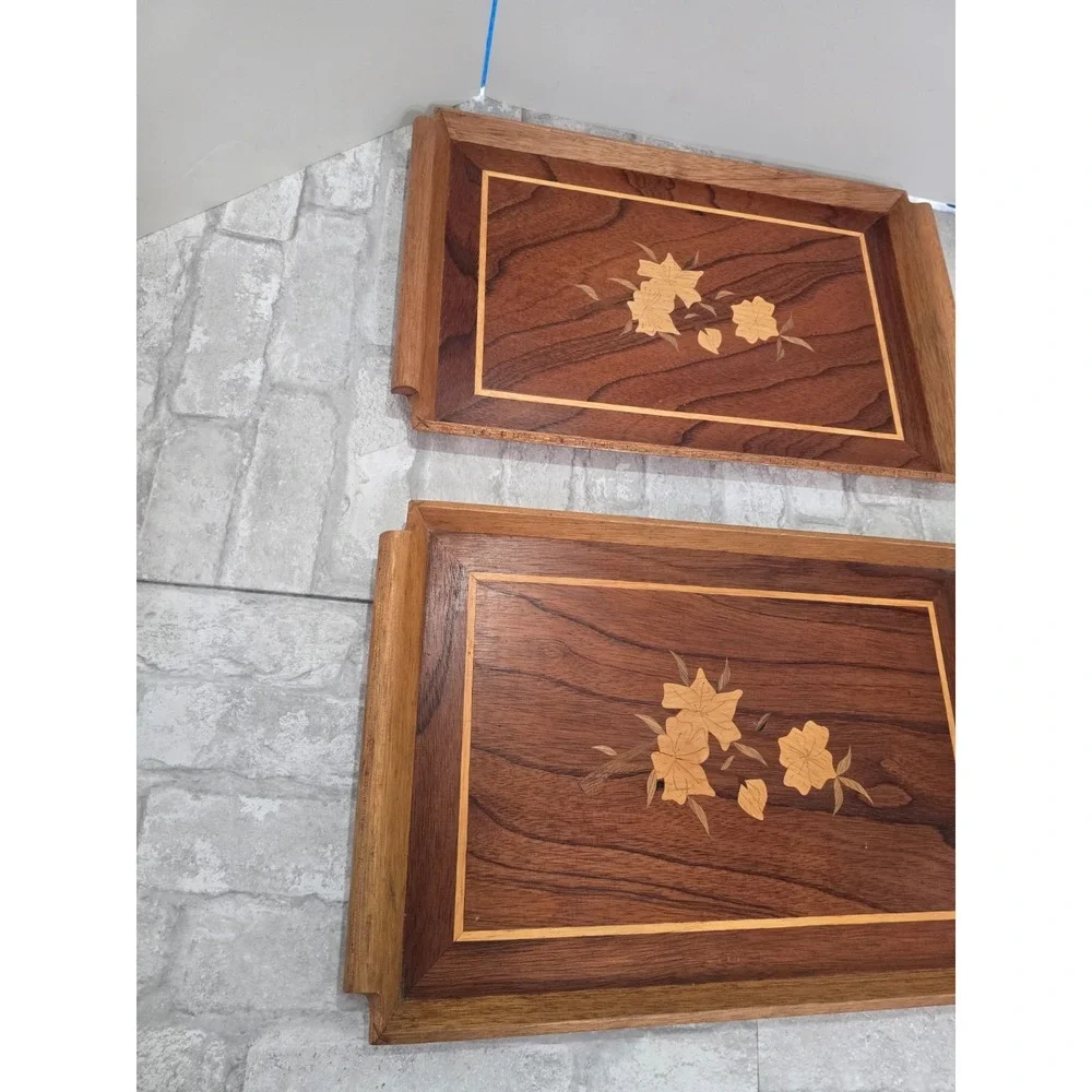 2 Vintage Mid Century Riekes Crisa Wood Inlay Tray Spline Joints Flower Motif